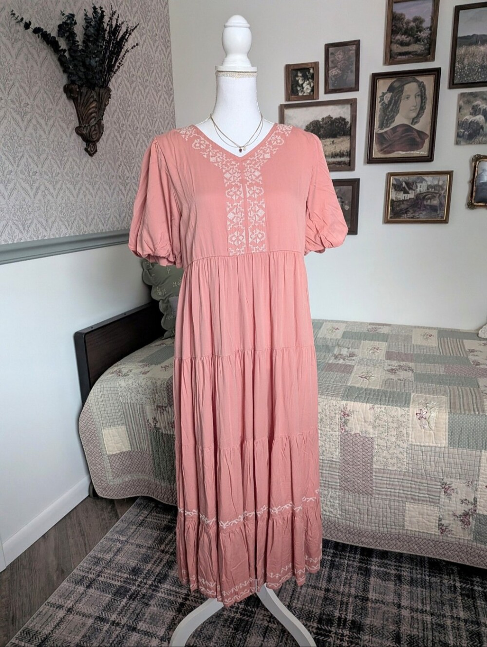 Orange Creek Coral Embroidered Tiered Maxi Dress Cottagecore Boho NWT S